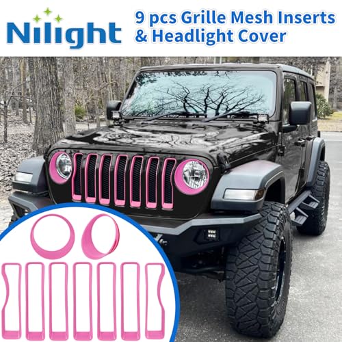 Image of Nilight Grill Inserts fit for Jeep Wrangler Front Grille Inserts Headlight Cover Set for JL JLU Unlimited Sport SportS 2018 2019 2020 2021 2022 2023 Grille Bezels Trim Exterior Accessories Pink 9 Pcs