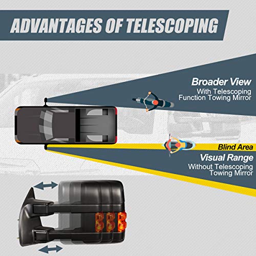 Image of Auto Dynasty Driver Left Rear View Side Towing Mirror - Manual Telescoping | Power Adjust | Heated Glass | Amber LED Turn Signal - Compatible with Ford F250 F350 F450 F550 Super Duty 08-16