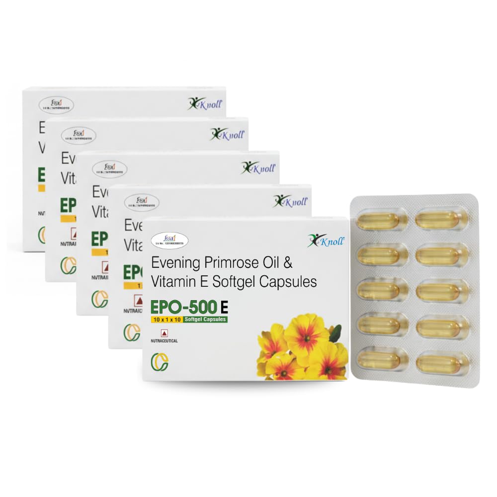 Knoll Healthcare EPO-500E Evening Primrose Oil 500 mg with Vitamin E Softgel Capsules | Supports Women’s Wellness, Skin Health & Antioxidant Support | Dietary Supplement (5x10 Capsules)