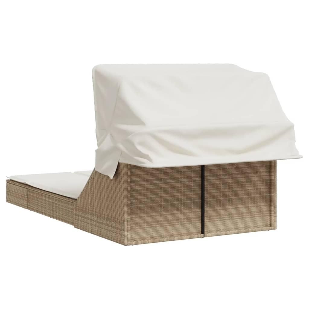 Homgoday Lit double avec auvent et coussins beige en polyrotin, chaises longues, canapé-lit, lit de piscine, lit de jardin
