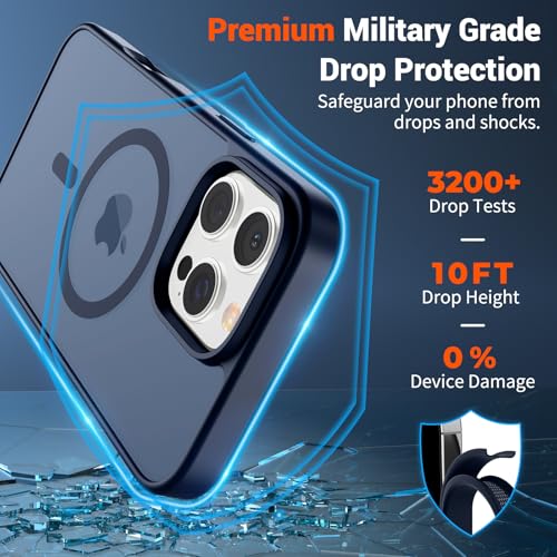 Image of SUPFINE Magnetic for iPhone 16 Pro Case with Screen Protector (Compatible with MagSafe) (Military Grade Drop Protection) Translucent Matte Shockproof Phone Cover,Dark Blue