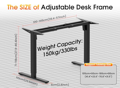 Image of 330 lbs Capacity Dual Motor Electric Standing Desk Frame, Height Adjustable Sit Stand up Desk Legs Base Workstation, Anti-Collision Function, 2 Hooks, Black Frame Only