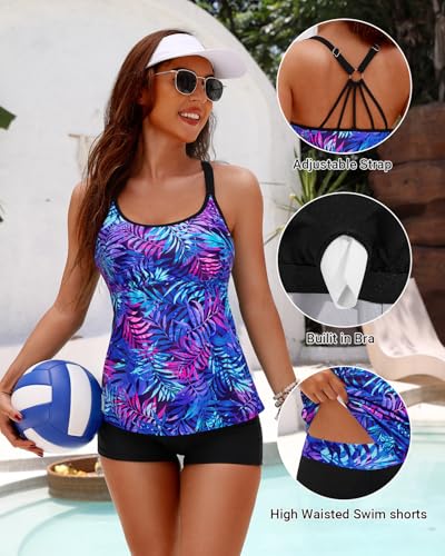Image of Yonique Two Piece Tankini Swimsuits for Women with Shorts Tummy Control Bathing Suits Athletic Swimwear