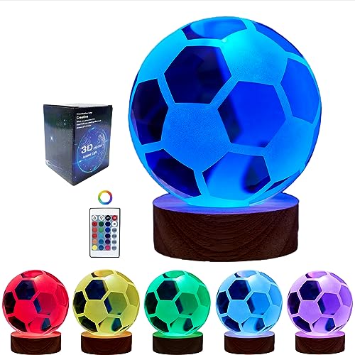 Soccer Crystal Ball Lamp,3.15 inch 3D K9 Crystal Ball Night Light with Wooden Base,Soccer Lamp Gift for Soccer Fans,Football Night Light,16 Colors Change with Remote Control (H)