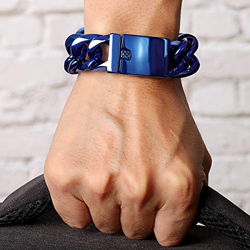 Rowin&Co Heavy Mens Curb Cuban Chain Bracelet 25Mm Thick Stainless Steel Chain Bangle, Miami Hip Hop Silver/Black/Blue/Rose Gold/Rainbow Chain (Blue) #TOP2