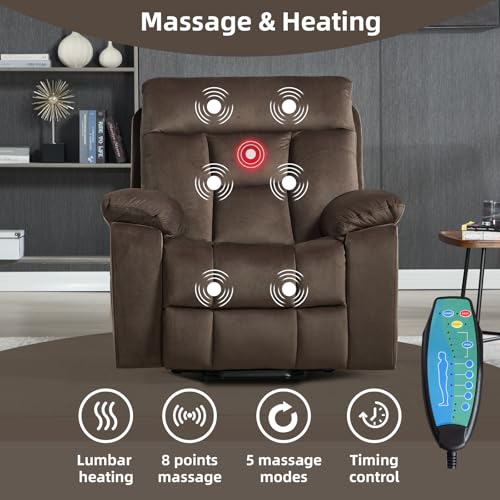 Image of CANMOV Large Power Lift Recliner Chair with Massage and Heat for Elderly Big and Tall People, Overstuffed Wide Recliners with 2 Cup Holders, Side Pocket and USB Port, Dark Brown