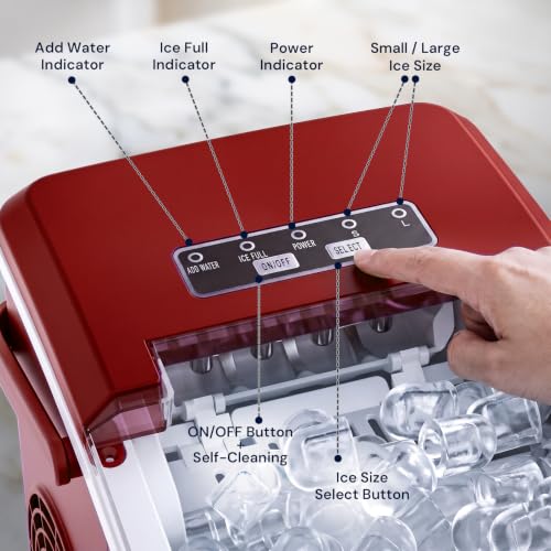 Image of Kismile Countertop Ice Maker Machine, 26Lbs /Day Fastest 6‑Min Ice | 8 bullet ice in 6min, 2 sizes, energy-saving, portable mini, with handle,basket,scoop. Home /bar /RV /camping /office.Red