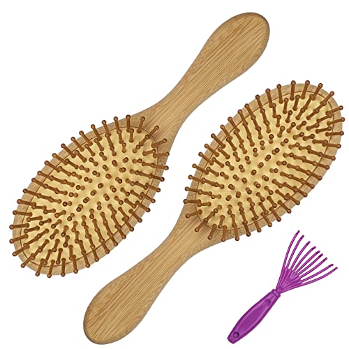 Firschoie Haarbürste Bambus 3er Set, Haarbürsten ohne Ziepen, mit kleinem Reinigungskamm, Antistatische Kopfhautmassage reduziert Frizz und Haarbruch, Geeignet für langes Haar, lockiges Haar, Spliss