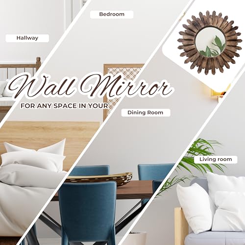 14-inch Rustic Round Wood Mirror, Decorative Boho Sunburst Mirror for Bedroom, Living Room, Entryway - Burnt - Image 8