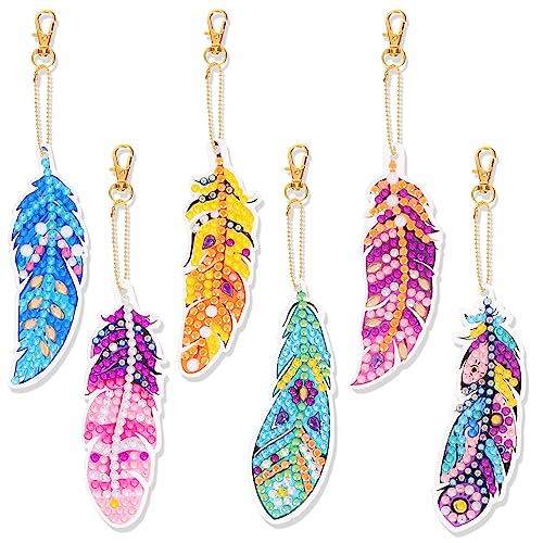 JSRQT 6 Pcs 5D Feather Diamond Art Painting Keychains, Double Sided Full Drill Diamond Pasted Painting Kit, DIY Diamond Art Hanging Pendant, Mosaic Painting Keyrings for Adults Purse Bag Key Decor