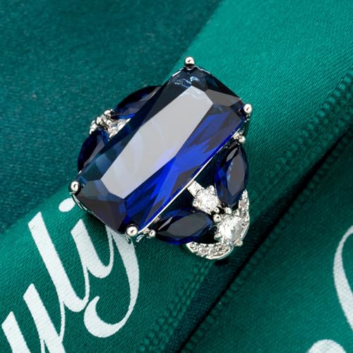 Silver Plated Sparkling Emerald Marquise Cut Created Blue Sapphire CZ Cubic Zirconia Filled Halo Wedding Engagement Flower Band Elegant Women's Ring for Mom Bridal Lover2