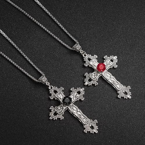Gothic Cross Necklace Silver-Tone Pendant with Glass Stone, on 25” Steel Chain, Cross Necklace for Women, Large Goth Silver Cross Necklaces for Man, Big y2k Necklaces, Halloween Jewelry4