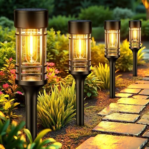 GEARLITE Solar Garden Lights Outdoor 4 Pack Solar Powered Garden Lights with 2800K Tungsten Bulb Auto On/Off Waterproof Light GEARLITE Solar Garden Lights Outdoor 4 Pack Solar Powered Garden Lights with 2800K Tungsten Bulb Auto On/Off Waterproof Light