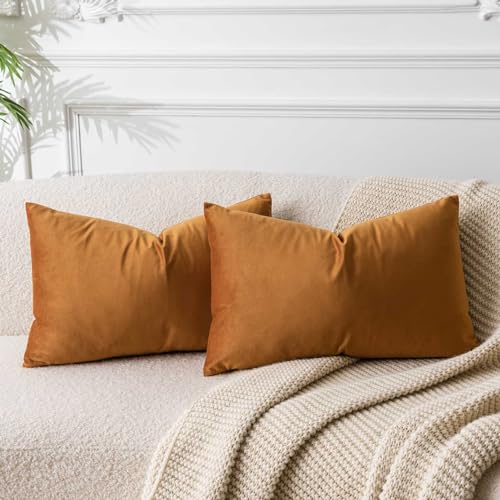 Image of Rust 12x20 Throw Lumbar Pillow Covers Decorative Cushion Covers Set of 2 | Soft Velvet Pillow Cases with Invisible Zipper for Modern Couch Sofa Bed Living Room Bedroom Home Decor