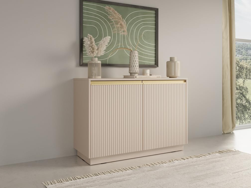 Sideboard 100 cm Baron - Modern, Kommode mit 2 Türen - Kommode mit Gold Accessoires und geriffelten Fronten - Beige