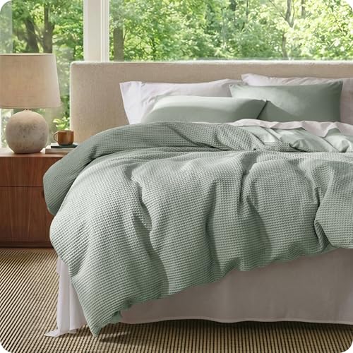 Image of Bedsure Cotton Duvet Cover King Size - 100% Cotton Waffle Weave Sage Green Duvet Cover, PureWoven Textured Breathable Bedding Comforter Cover for All Season, 1 Duvet Cover Only 104 inchx90 inch