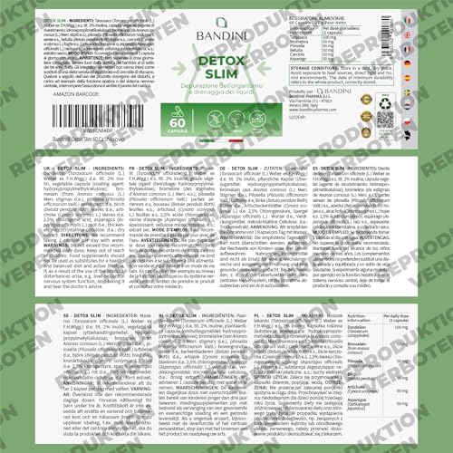 Bandini® DETOX SLIM 60 vegane Kapseln | Antioxidativ, natürliche Darmreinigung | Bioverfügbar und Hochdosiert Pflanzenextraktkomplex mit Bromelain, Löwenzahn, Pilosella, Birke