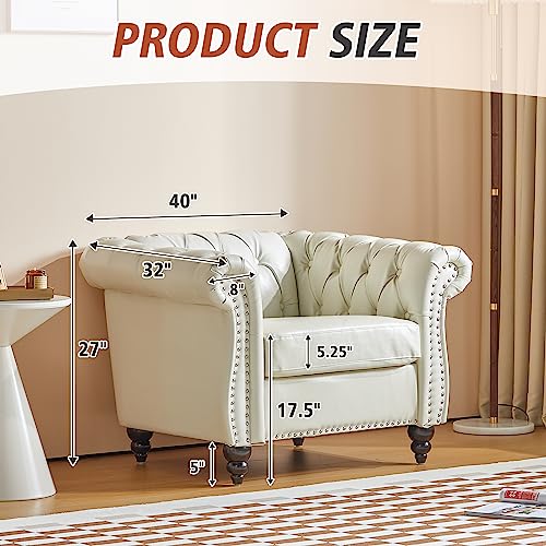 Image of ORRD 2 Piece Living Room Set, Chesterfield Faux Leather Sofa Couch Chair with Scroll Arms and Nailhead for Living Room, Office (White)