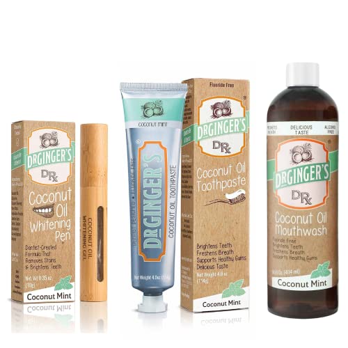 Doctor Ginger's Pasta de dientes de coco de Dr. jengibre tirando pasta de dientes, enjuague bucal, pluma de gel blanqueadora (natural + sin azúcar, flúor o sabores artificiales) menta de coco, conjun