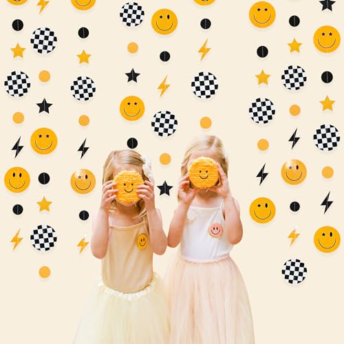 Image of One Happy Dude 1st Birthday Decorations Black Yellow Smile Face Lightning Star Checkered Circle Dot Smiley Face Garland Streamer for Baby Shower First Birthday Wedding Hippie Party Decoration Supplies