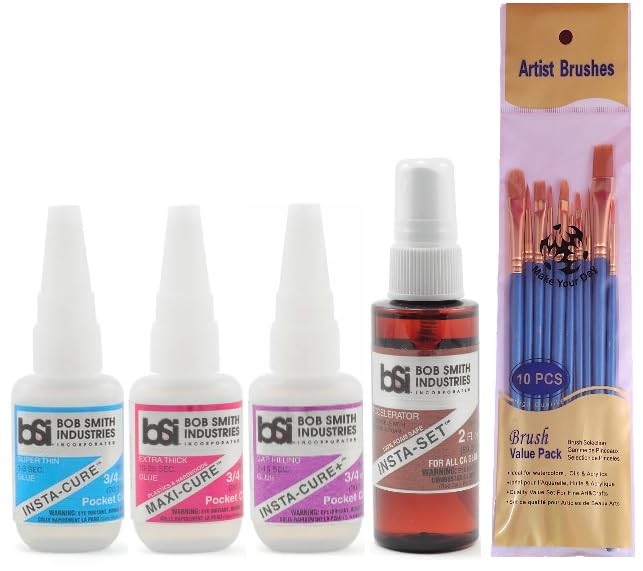 Bob Smith Industries Cyanoacrylate Bundle, Super Thin Insta-Cure, Gap Filling Medium Insta-Cure+, Extra Thick Maxi-Cure, and Accelerator Insta-Set (Pack of 4) - Bundled with Make Your Day Paintbrushes