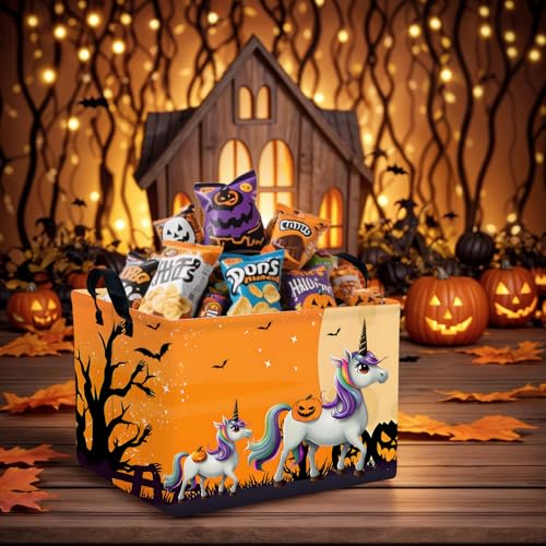 Image of Halloween Basket Gift Cute Pumpkin Ghost Parties Decor Kid Trick or Treat Basket for Boys and Girls Rectangular Storage Bin Box (Unicorn Bat)