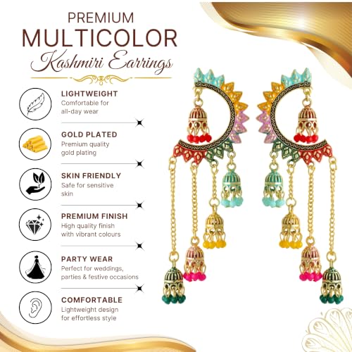 Image of WORLD CRAZE Multicolour long kashmiri jhumka for women chandbali earrings chand baliyan | kashmiri earrings for women | bahubali earrings stylish | Traditional Indian Festive Jewelry | Long Chain Tassels | Pearl Drop Latkan Jewellery (Multi colour)