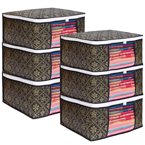 Image of LAXIS Foldable Royal Print Saree Cover Set, Saree Bags, Saree Covers For Storage, Wardrobe Organiser | (Golden-Black, Pack of 6)