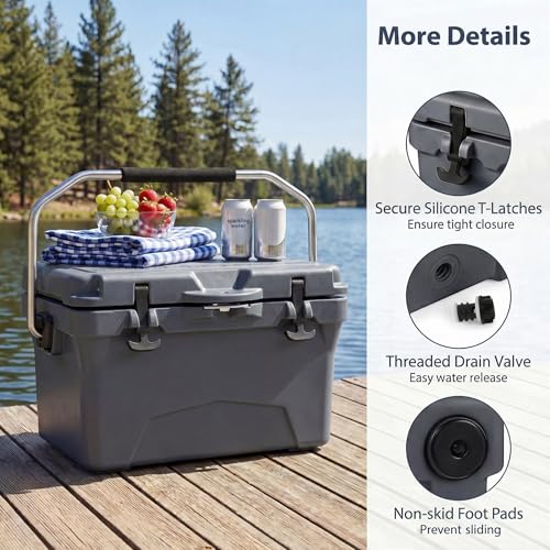 COSTWAY 20 QT Portable Insulated Hard Cooler &ndash; Keeps Ice Up to 6 Days, Compact Outdoor Ice Chest with Built-in Fish Ruler & Bottle Opener for Camping, Fishing, Beach, Tailgating, Gray
