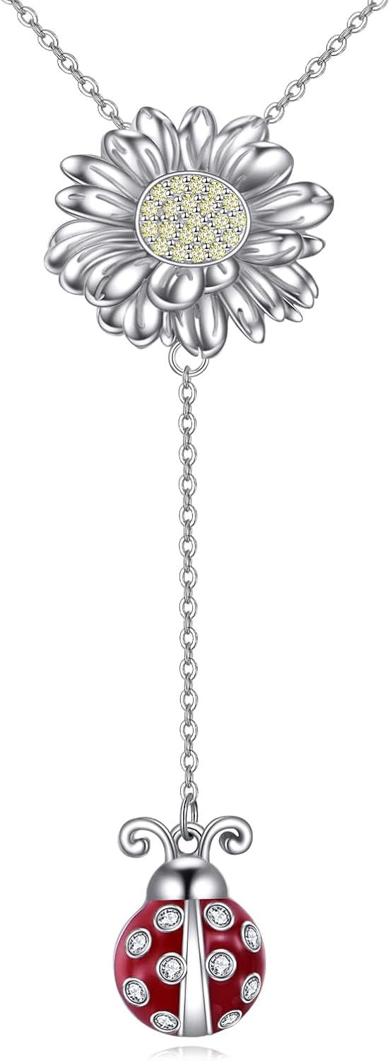 TIGER RIDER Ladybug 925 Sterling Silver Drop Y Lariat Necklace Daisy Flower Pendant Jewelry Gifts for Women Animal Lover