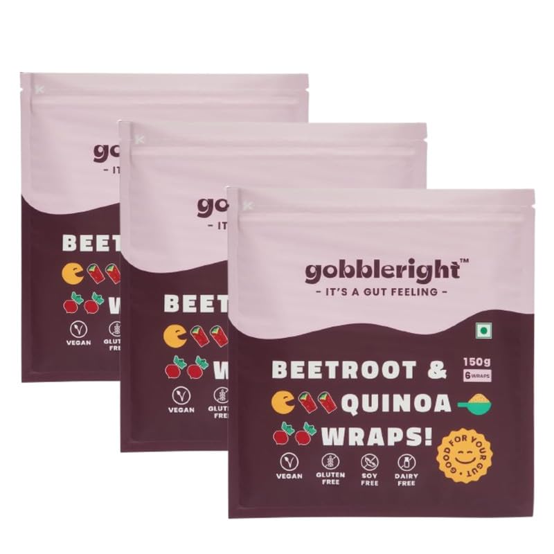 Image of GOBBLERIGHT Beetroot & Quinoa Wraps 150g (6 Wraps - Pack of 3) | 67 Kcal Per Wrap | Healthy Frozen Multigrain Tortilla for Burrito, Shawarma, Tacos | Low-Calorie & High-Protein | Gluten Free & Vegan