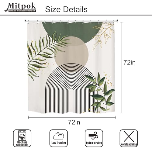 Mitpok Green Boho Mid Century Shower Curtain 72Wx72H Abstract Gold Leaves Grey Modern Sun Arch Minimalist Geometric Aesthetic Plant Bathroom Decor Neutral Bath Curtain Polyester 12 Pack Hooks by Mitpok - Used condition - Image 3