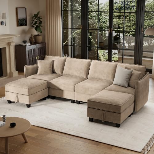 Image of Ihanherry 112 inch Modular Sectional U-Shaped Sofa, Modern 6-Seat Cloud Couch with 2 Storage Ottomans, Soft Chenille Fabric Sectional Set for Living Room Bedroom Apartment, Brown