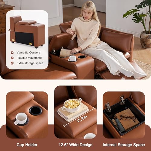 Image of 6-Seater Power Reclining Sectional Sofa Set with Storage Console, Wall-Hugger Recliner Sectional Couch with Cup Holders, Leather Reclining Sectional Couch for Living Room, Brown