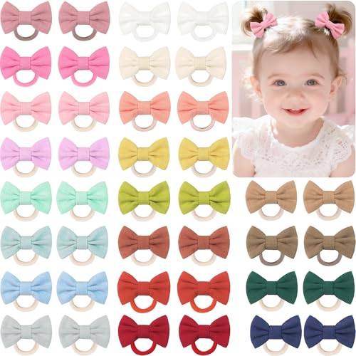 CLLOT 40Pcs Baby Hair Ties With Cotton and Linen Fabric Baby Bows for Baby Girls Infants Toddlers and Kids
