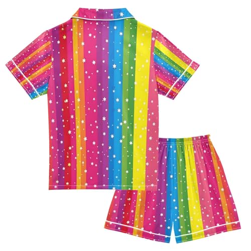 senya Rainbow Stripes Star Satin Summer Pajama Sets Silk Short Sleeve Button Down Sleepwear2