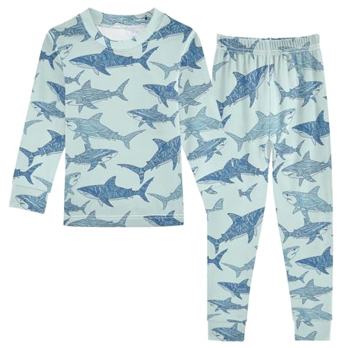 Pajama Sets Long Sleeve Blue Shark Background Soft Comfy Sleepwear 2 Piece PJS 3-8T