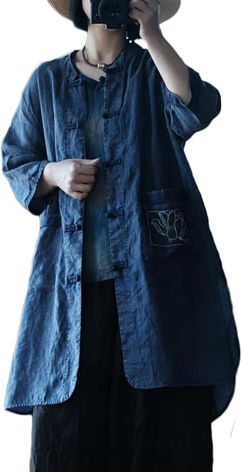 NFYM Women Lightweight Linen Kimono Jacket Frog Buttons Up Embroidery Pocket Vintage Cardigan Trench Coat