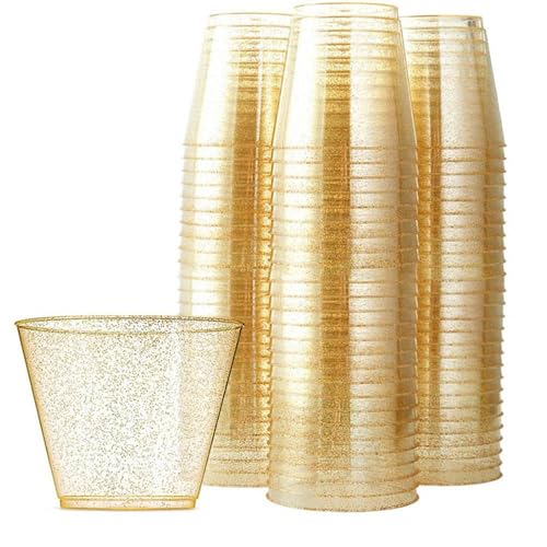 100pcsゴールドグリッターワインカップビールマグ透明ワイングラスタンブラーウェディングパーティーのためのクリスマスパーティー使い捨てクリアカップ