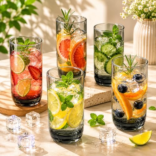 Image of bellemax 250 ML Premium Juice Glasses Drinking Glasses,Highball Lead-Free Glasses,Tumblers for Water,Juice,Beer,Cocktail and Mixed Drinks - 6 Pieces,Transparent (BM- 15)