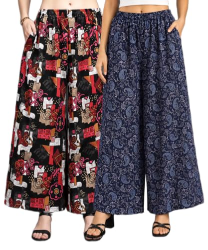 Image of Women Printed Palazzo Pants Combo Pack of 2, Comfortable Elastic Waist Lounge Pants for Women | Relaxed Fit, Loose Fitting Wide Leg Palazzo Pants, Casual Bottom (Available in S to 3XL Size)