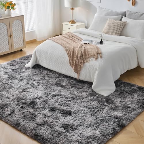 CHOSHOME Teppich Wohnzimmer Shaggy Hochflor Schwarz Langflor Kinderzimmer Modern Batik Jugendzimmer Flauschig Teppich Groß, Dunkelgrau/Schwarz 90x150CM - 8