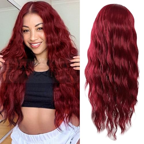 ZXTGBQ Perruque Vin Rouge Longue OnduléE Pour Femme, Longue OnduléE Rouge Perruque, 65cm Partie Centrale BoucléE OnduléE Bouclé Perruques Pour Cosplay...