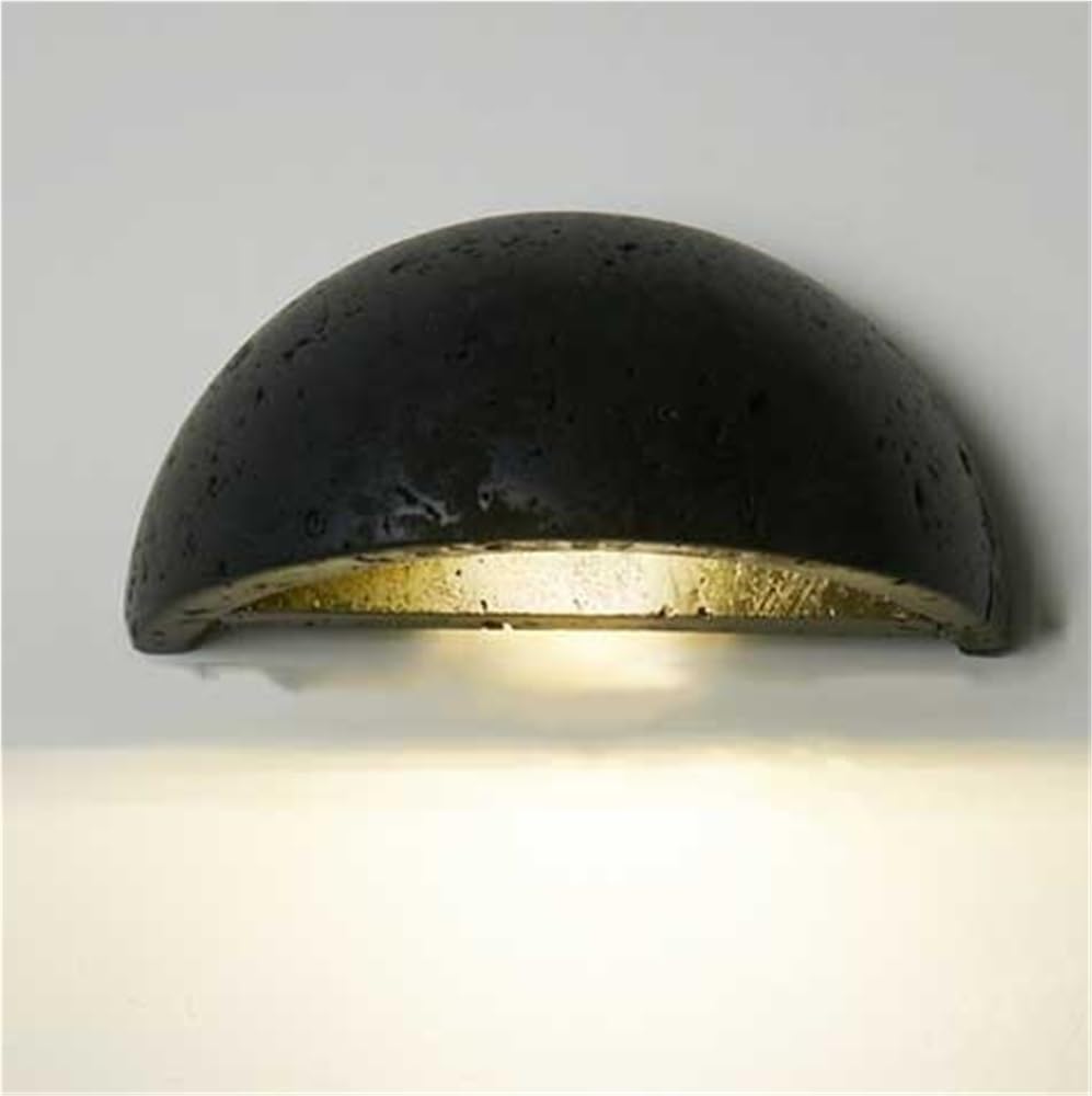 LYOUAE Japanese Style Yellow Travertine Wall Sconce 5.9" Natural Stone Bedside Walls Light with Half Moon Natural Stone Lampshade for Bedroom Living Room Hallway(Black)