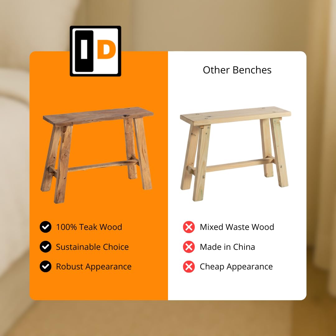 Teakholz Bank 60 cm | Natur | Rustikale Massivholzbank aus Altem Teakholz | Handgefertigte Sitzbank ohne Lehne | Deko Holzbank für Flur, Wohnzimmer & Schlafzimmer