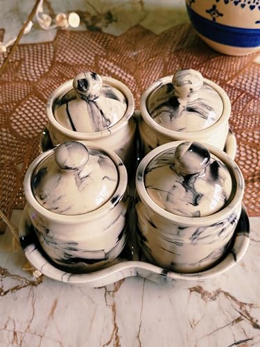 Image of Niyara Multipurpose Storage Ceramic Pickle set Jars with Lid & tray (Set of 4, 300 ml) (Classic Marble Look)