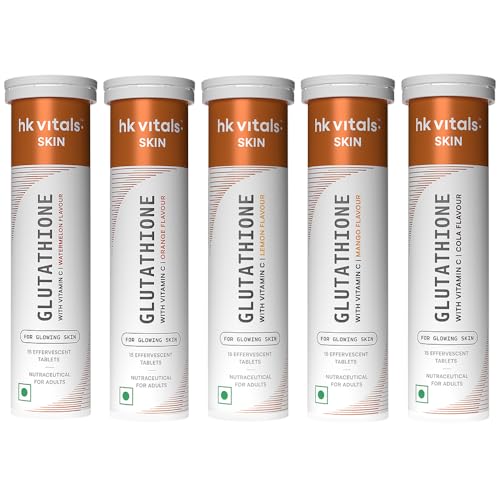 Image of hk vitals Glutathione (Orange, Watermelon, Lemon, Mango and Cola, 15 Effervescent Tablets) | L-Glutathione Tablets with Vitamin C & E | For Skin Glow & Hydration (Pack of 5)