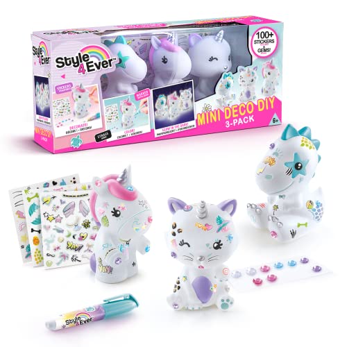 Canal Toys - Style 4Ever 3 figuras fluorescentes para decorar bricolage, mini deco DIY 3 pacotes, kit com unicórnio, dinossauro, gatinho que brilha no escuro, gemas, autocolantes, marcadores OFG245