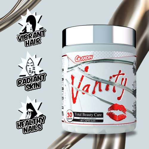 Glaxon Vanity Total Beauty Care, 60 Capsules, Hair Skin, And Nails Vitamins For Women And Men With Biotin 5000Mcg, Hyaluronic Acid, Vitamin E, And Red Orange Complex #TOP5