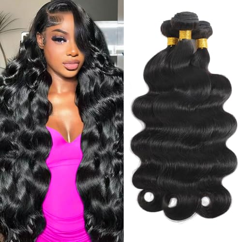 Body Wave Human Hair Bundles 16 18 20 Inch 3 Bundles 12A 100% Unprocessed Brazilian Virgin Body Wave Bundles Human Hair Extensions Quick Weave Bundles Natural Black Color